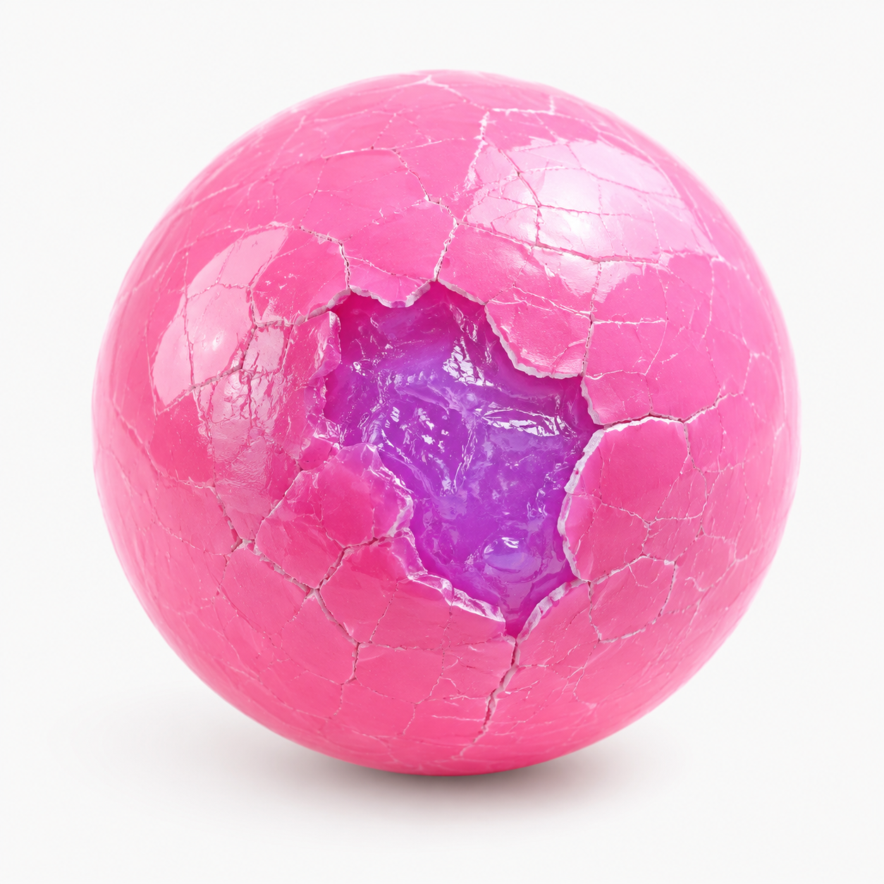 Ein glänzender pinker Wax-Cracking-Ball. Unter der knackenden Schale schimmert das violette Innere.